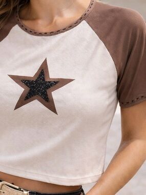 Boho Star Crop Top, Y2K Raglan Baby Tee, Rhinestone Star Shirt,Festival Outfit M